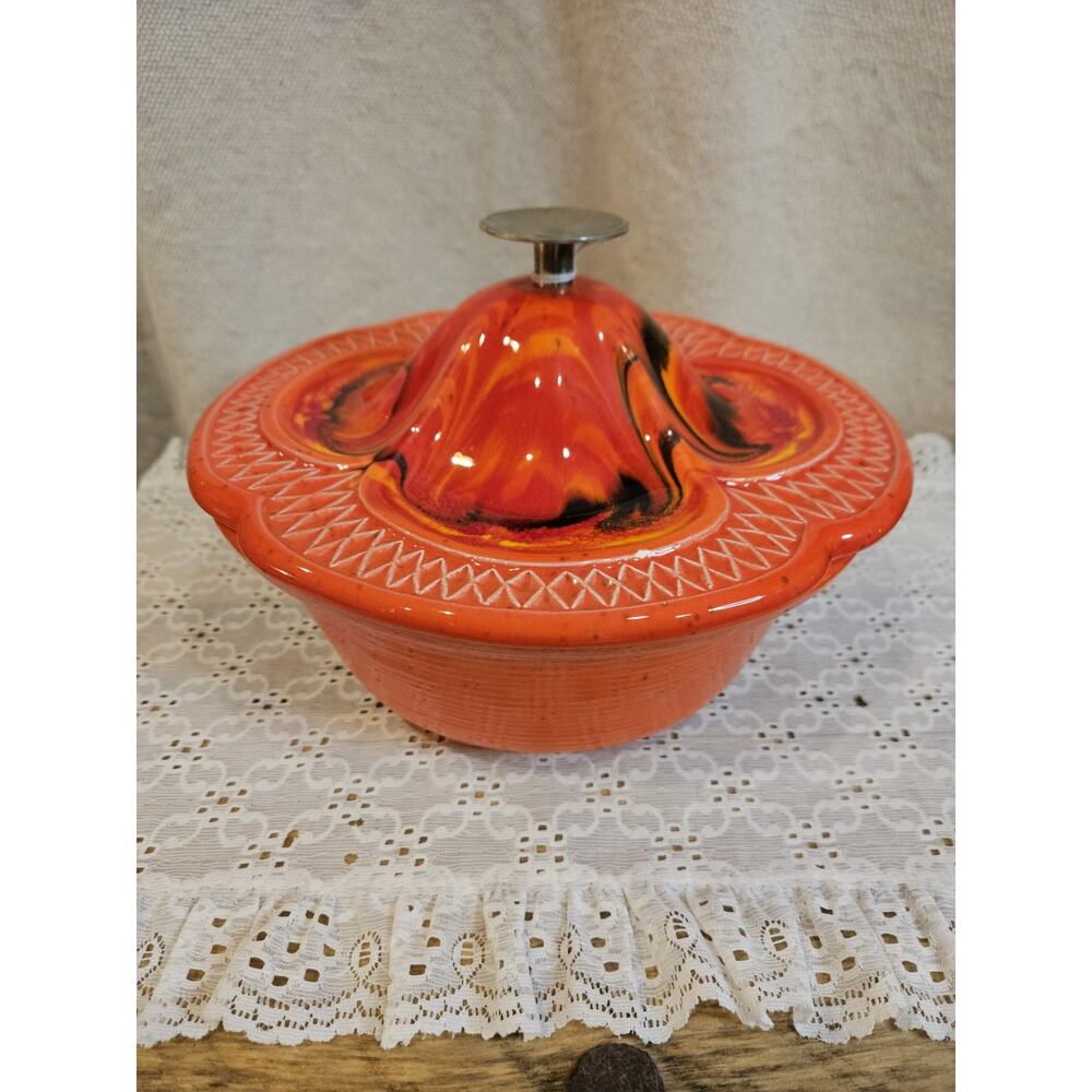 Vintage California Original 732 Orange Lava Drip Glaze Casserole Covered Dish